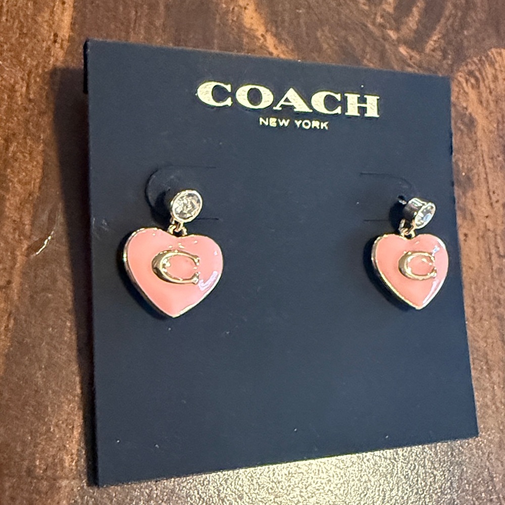 Gold and Pink Coach Heart Earrings